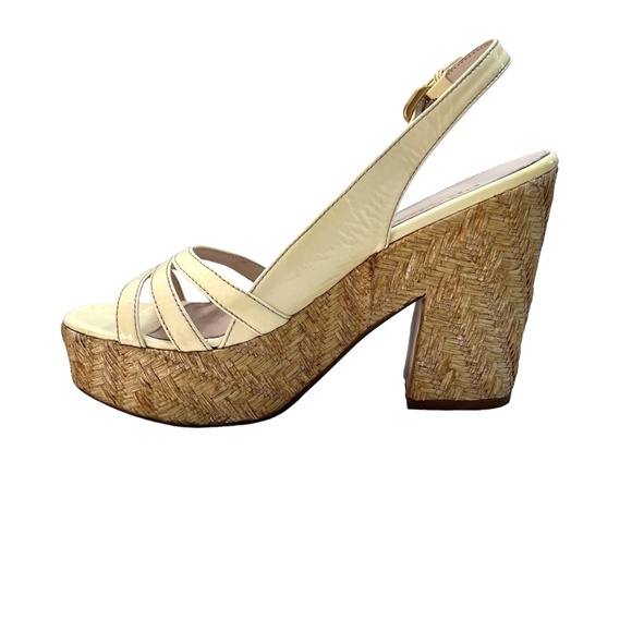 PRADA CREAM PATENT LEATHER WEDGE WOVEN RAFFIA PLATFORM SANDAL - Picture 7 of 16